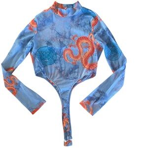 Timing Blue & Orange Dragon Long Sleeve Mesh Bodysuit